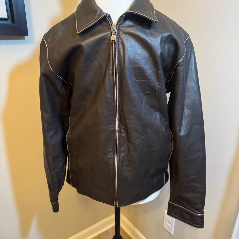 Hard Rock Cafe Cancun Brown Leather Jacket Embossed Logo Cowhide Menโsโ S
